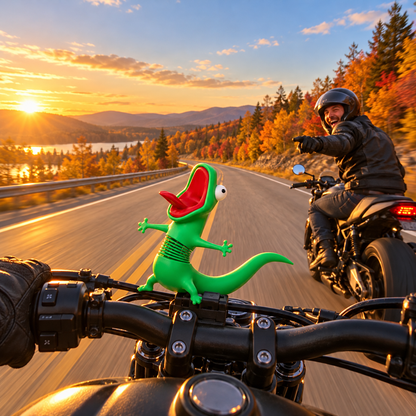 Zoomigo lizard dancing on motorcycle handlebars