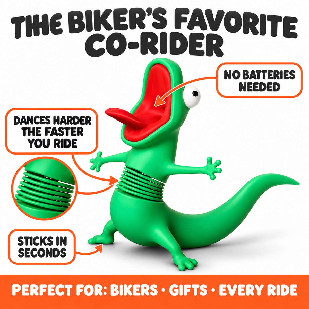 Zoomigo benefits: dances harder the faster you ride, sticks in seconds, no batteries
