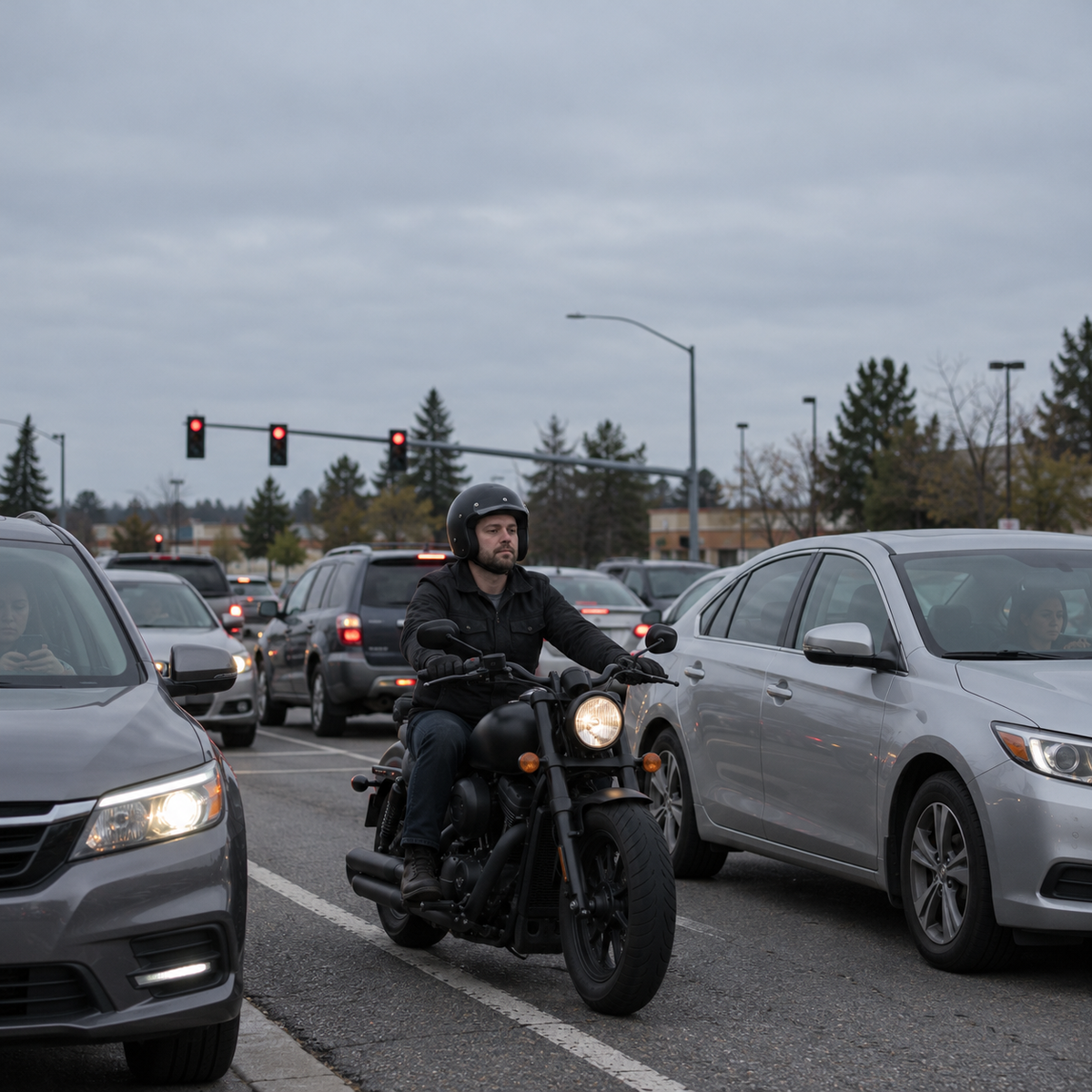 Biker stopped at a red light, nobody notices his bike