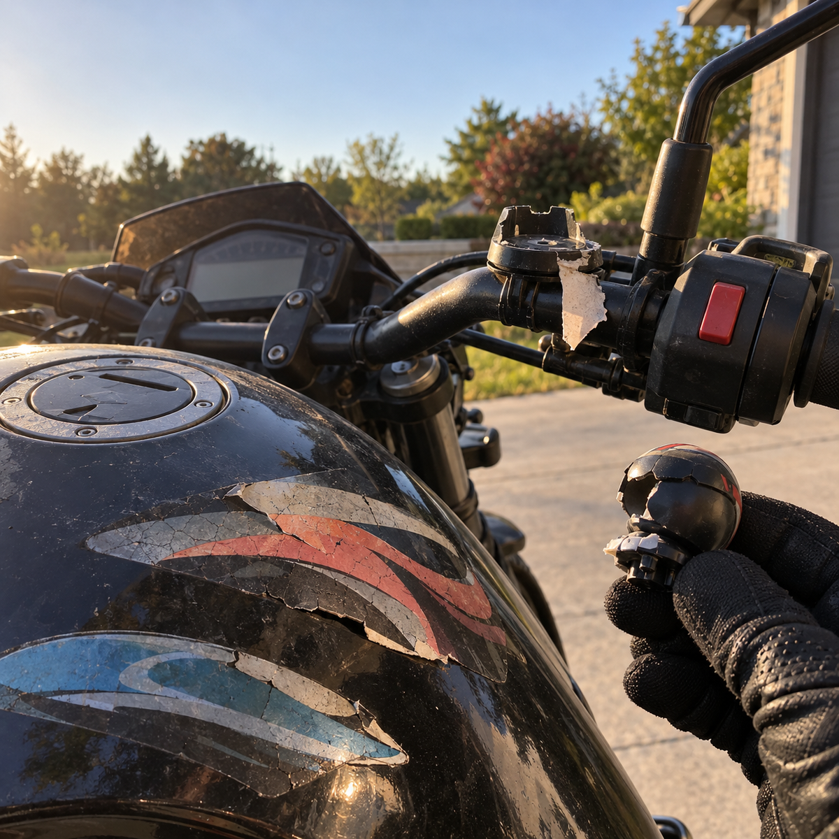 Peeling decals and a broken cheap accessory on a motorcycle