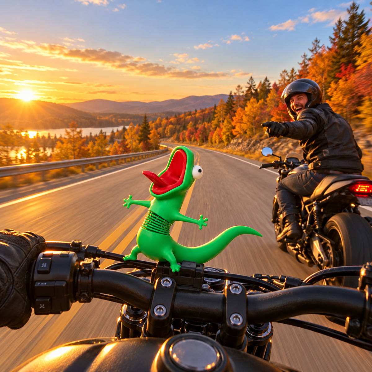 Zoomigo dancing lizard on motorcycle handlebars while another rider laughs